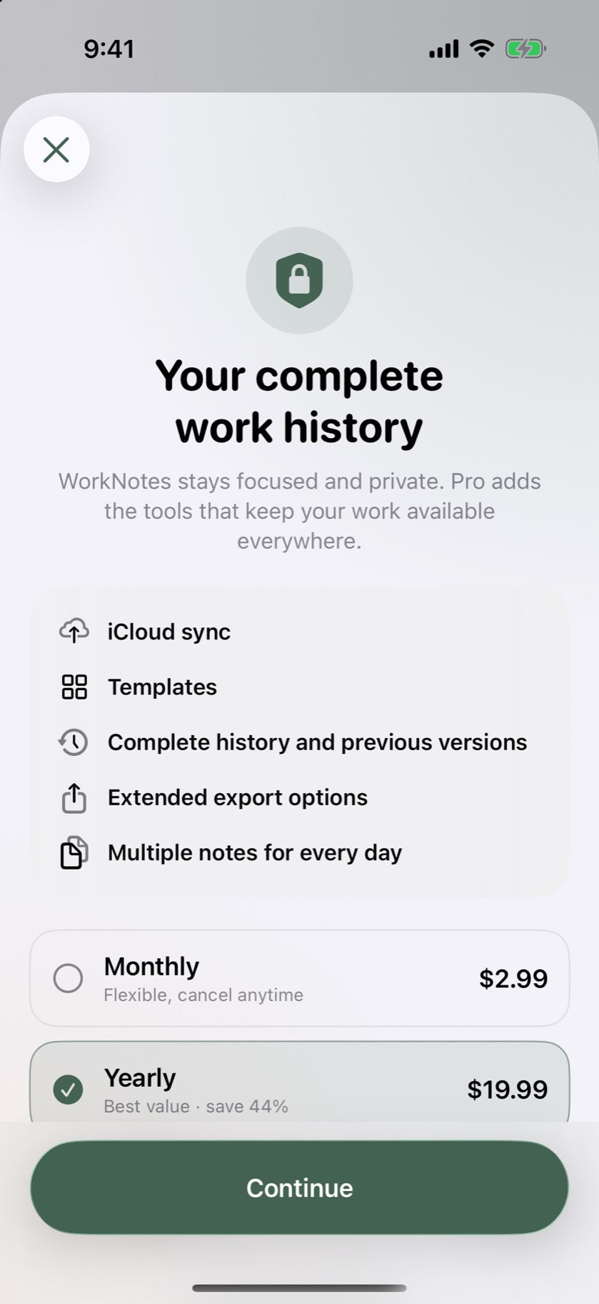 WorkNotes Pro screen showing iCloud Sync, Templates and History, and Exports and Multiple Notes