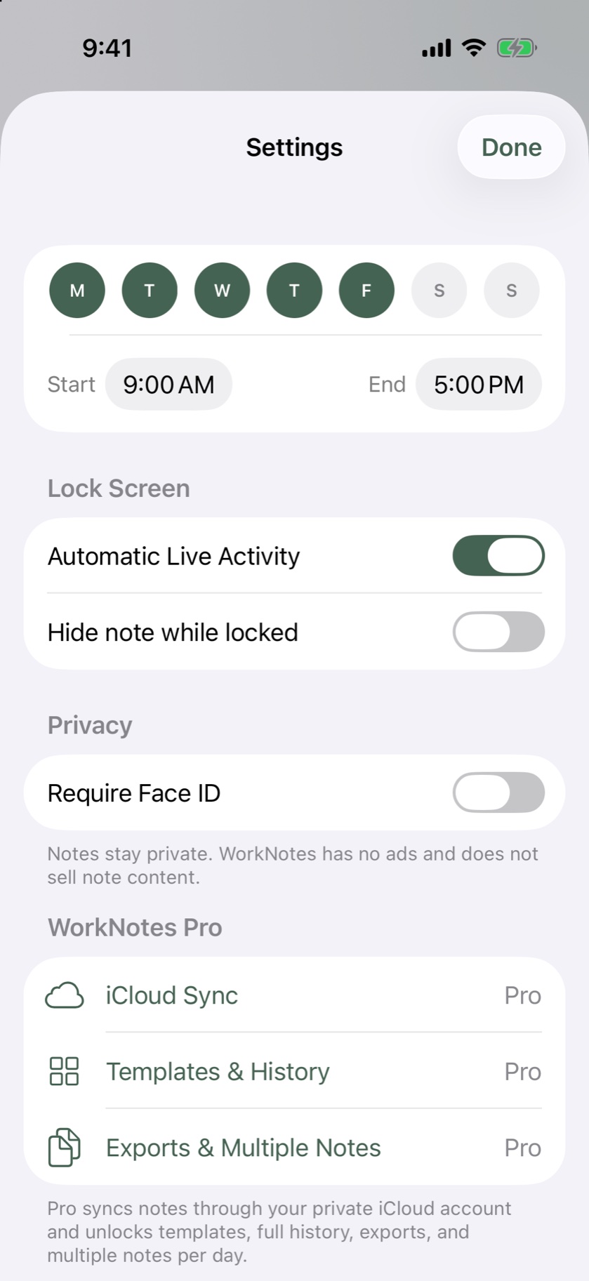 WorkNotes settings with workday, Live Activity, and privacy controls