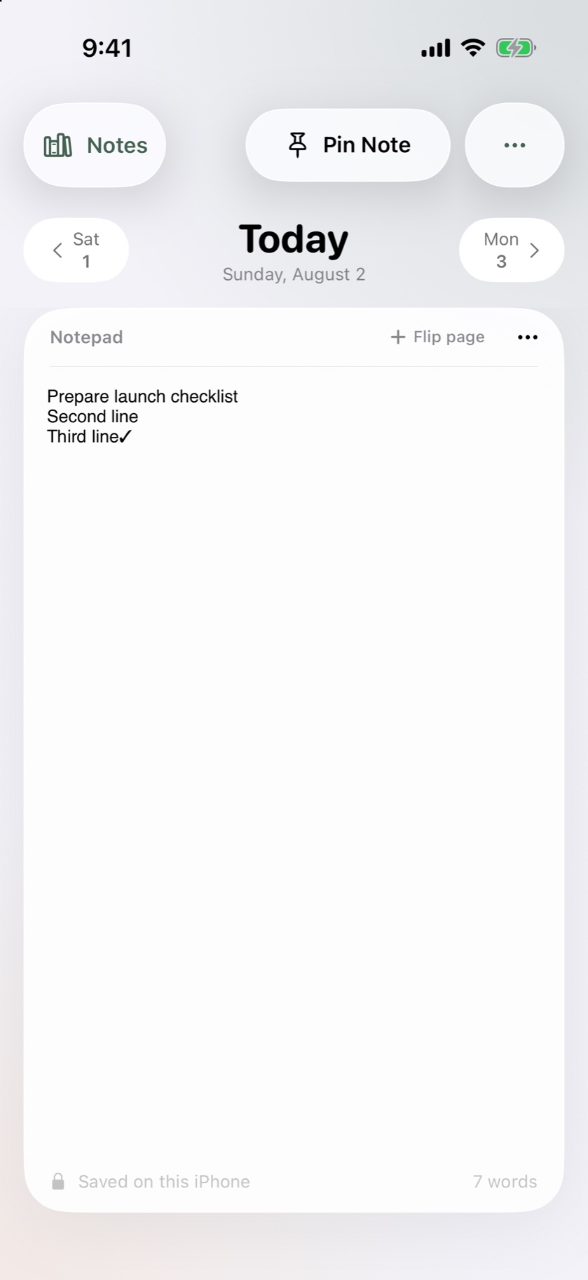 WorkNotes shows one focused note for today with date navigation on iPhone